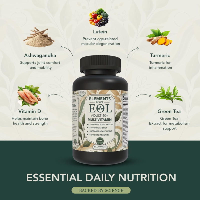 40 Plus Multivitamin for Women & Men with Vitamin A, D, B6, B12, E, Zinc, Magnesium, Calcium - Vegan, Gluten Free, Mens & Womens Multivitamin, Supports Energy, Immunity, Joint & Heart Health (120 Cap)