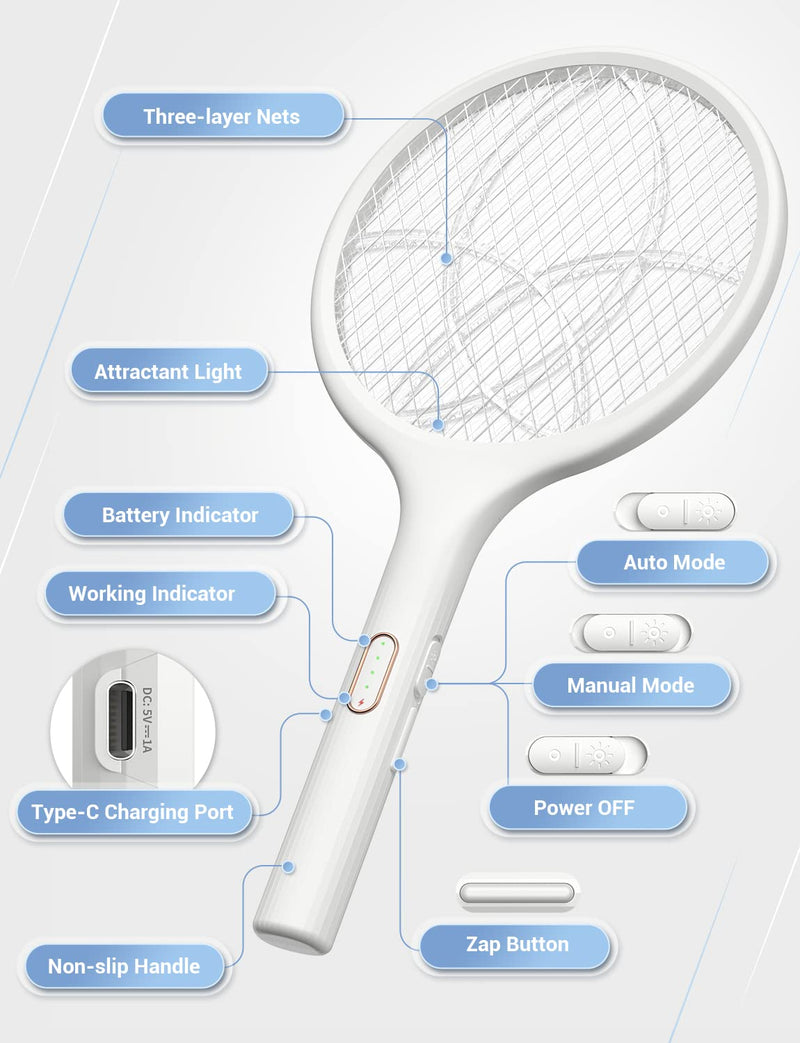 [Australia] - YISSVIC Electric Fly Swatter 4000V Bug Zapper Racket Dual Modes Mosquito Killer with Purple Mosquito Light Rechargeable for Indoor Home Office Backyard Patio Camping (White) White 