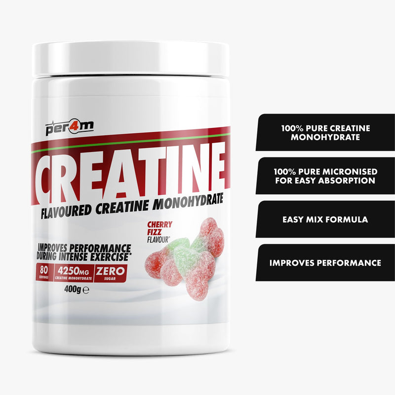 Per4m Creatine Powder | 80 Servings of Micronised Creatine Monohydrate | Performance & Strength | 8 Flavours (400g, Cherry Fizz) 400g