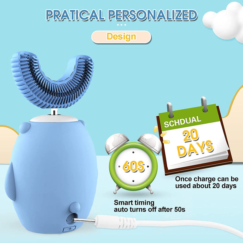 GASLIKE Kids Toothbrush Electric, U Shaped Ultrasonic Automatic Toothbrush with 2 Brush Heads, Six Cleaning Modes, Cartoon Modeling Design for Kids, Special for Birthday Gift (Blue, 2-7Age) Blue