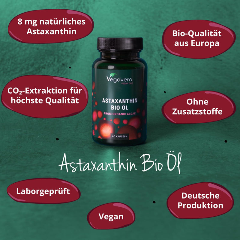 [Australia] - High-dose organic astaxanthin | Natural raw material from the EU – gentle CO2 extraction | Vegan | Algae + olive oil | Laboratory tested | 60 capsules | German production of Vegavero® 