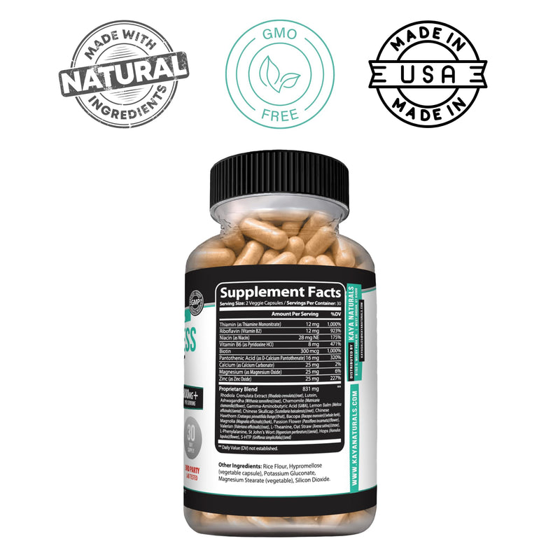Kaya Naturals Daily Stress Support with Ashwagandha & GABA, 60 Capsules | Ashwagandha, GABA & L-Theanine, Rhodiola, Lemon Balm & Valerian, B Vitamins, Magnesium & Zinc, Daily Calm Support 1 Count (Pack of 60)