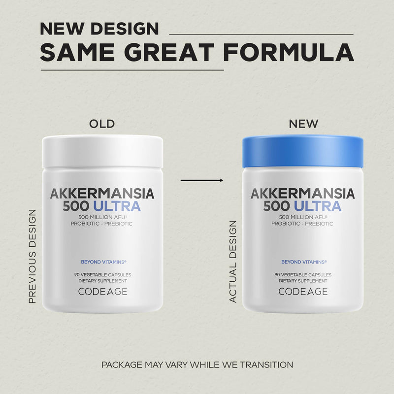 Codeage Akkermansia Muciniphila, 500M AFU, Chicory Inulin, 90 Capsules | Akkermansia muciniphila probiotic, 500 million AFU with chicory inulin prebiotic. 90 shelf-stable capsules. Non-GMO.