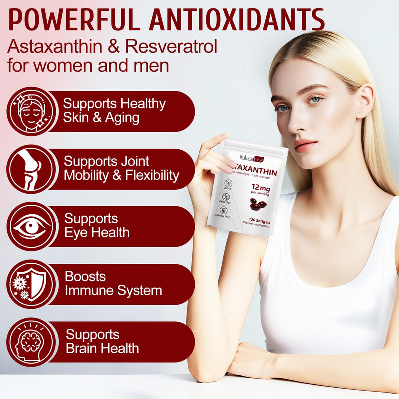 [Australia] - Astaxanthin 12mg - 120 Softgels - 4 Month Supply - Organic Astaxanthin Antioxidant Supplements Supports Eye, Joint, Internal Circulation and Skin Health - Non-GMO 