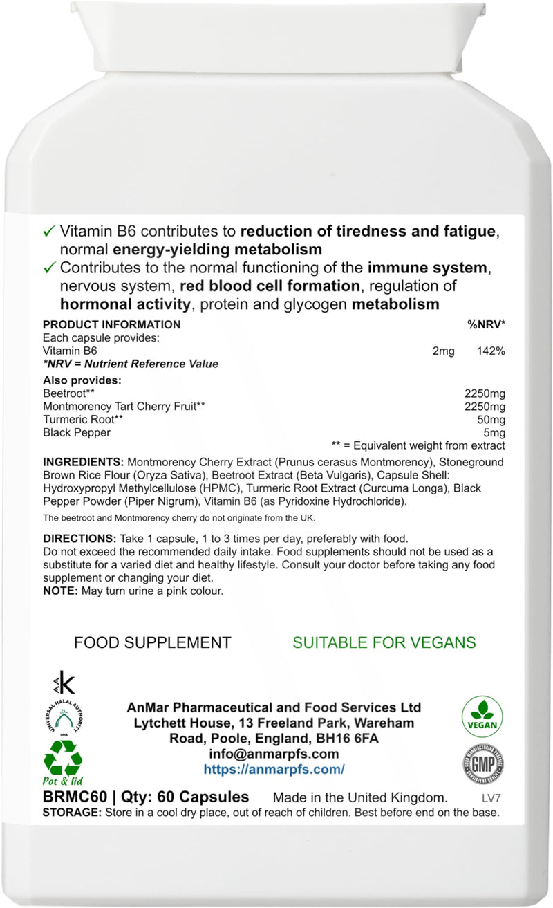 AnMar® Red Root Harmony – Montmorency Cherry & Beetroot Complex with Turmeric, Black Pepper & Vitamin B6 – Vegan Botanical Supplement – 60 Capsules