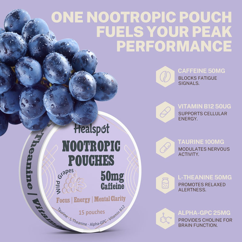 Nootropic Caffeine Pouches, Energy Pouches with 50mg Caffeine | Taurine | Vitamin B12 | Alpha-GPC | L-Theanine, Focus and Energy Supplements Variety Packs 5 Flavors
