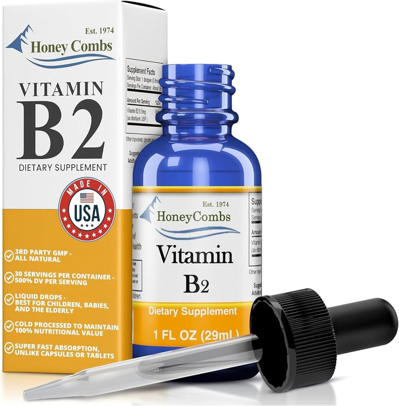 HoneyCombs Vitamin B2 (Riboflavin) Drops - 1 Fl Oz + Vitamin B1 (Thiamine) Drops- 1 Fl oz