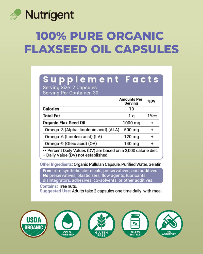 [Australia] - USDA Certified Organic Flaxseed Oil 1000 mg, Cold Pressed 100% Pure with Plant-Based Omega 3 ALA Essential Fatty Acids for Heart & Skin Health, 60 Capsules 