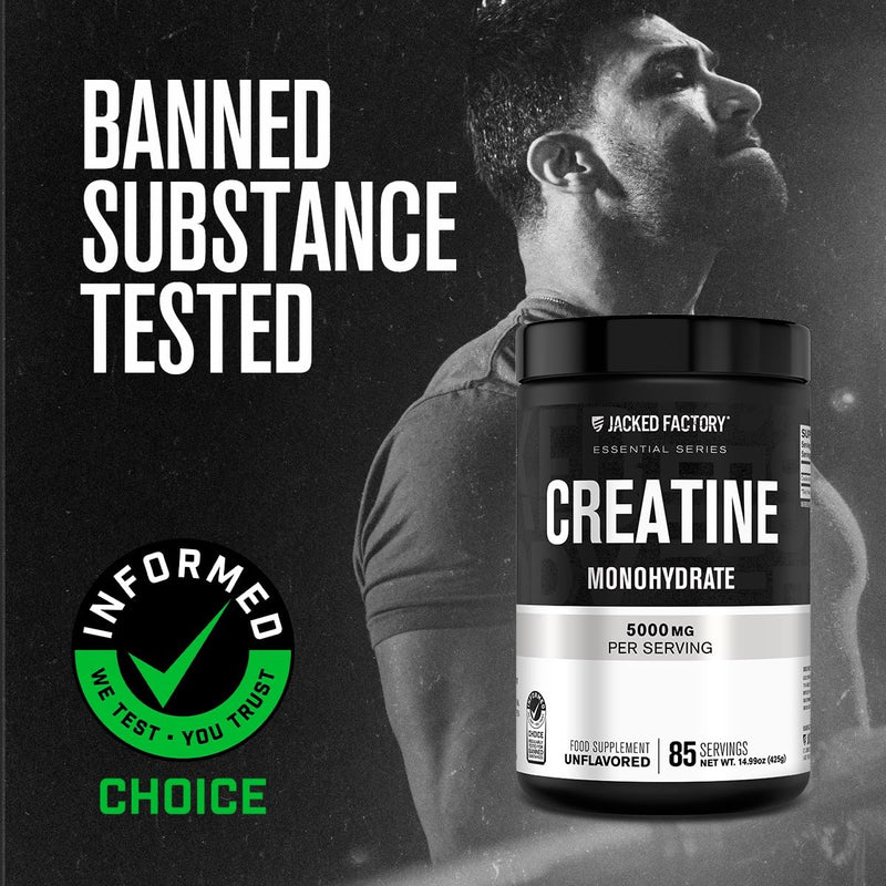 Jacked Factory Creatine Monohydrate 425g - 5g Creatine Powder per Serving, Informed Choice Certified - Increased Physical Performance* & Resistance Training Effects** - 85 Servings, Unflavoured 85 Servings (Pack of 1)