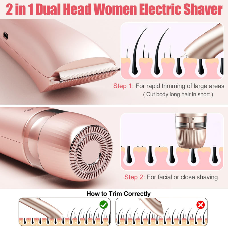 [Australia] - Bikini Trimmer for Women 2 in 1, Dual Head Womens Electric Shaver, Electric Razors for Pubic Hair, IPX7 Waterproof Rechargeable Facial Hair Removal for Shaving Underarm Leg Arm Body Face, Rose Gold 