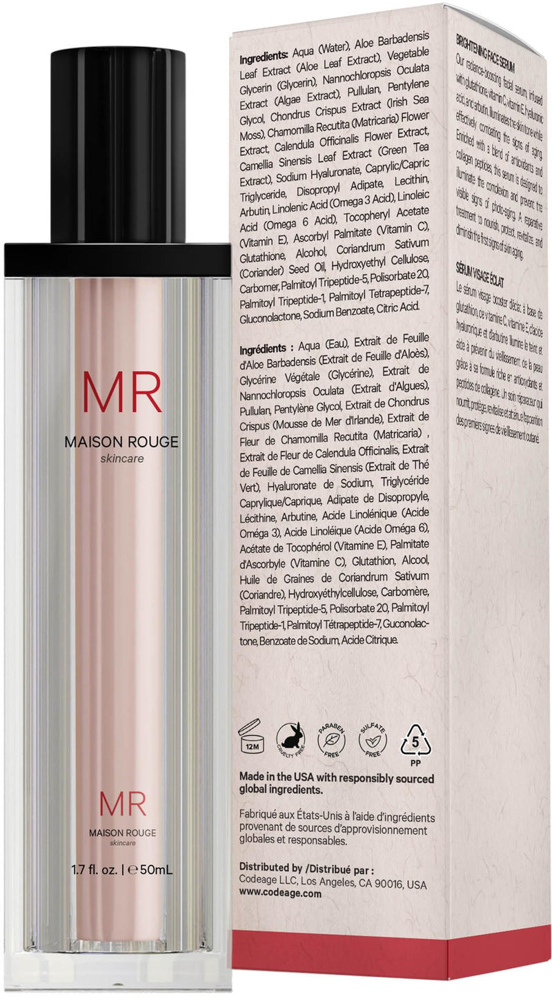 Maison Rouge Brightening Face Serum by Codeage - Glutathione Serum, Vitamin C, E, Hyaluronic Acid, Collagen - Radiance Enhancing - Parabens and Sulfates-Free - Refillable - All Skin Types - 1.7 fl oz Face Serum - 1.7 fl oz