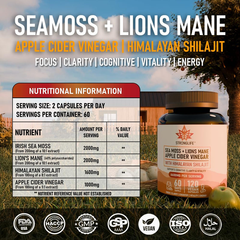 Lions Mane & Sea Moss & Apple Cider Vinegar Capsules - Brain, Gut & Immune Support - Brain Food for Brain Fog - 120 Capsules - 60 Day Supply