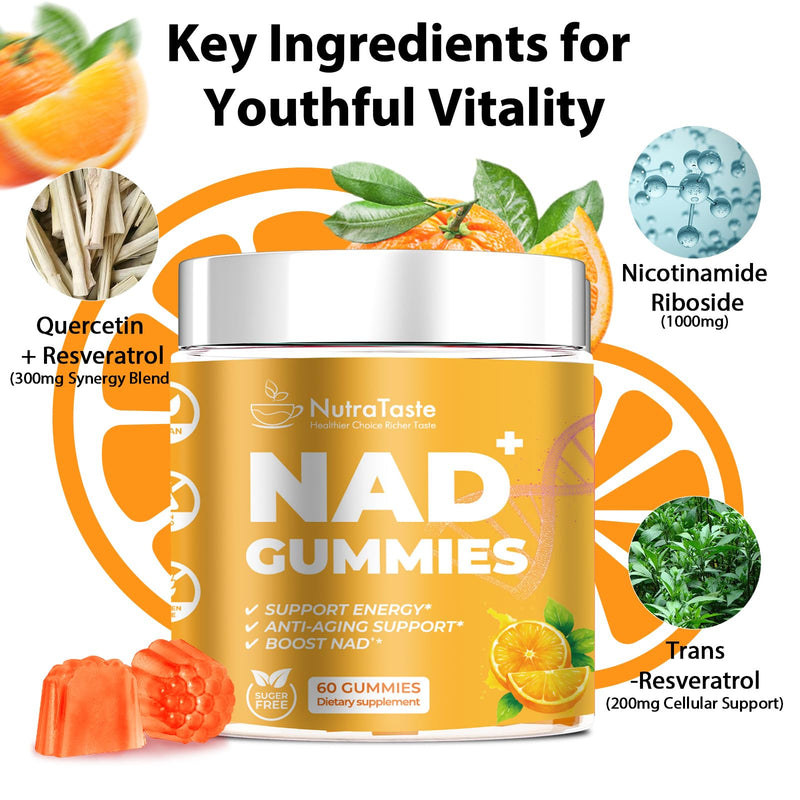 NAD⁺ Gummies Supplement for Anti-Aging, Energy & Focus Boost | Resveratrol, Nicotinamide Riboside | Orange Flavor, Vegan, Sugar-Free, 60 Count (Pack of 2) 60 Count (Pack of 2)