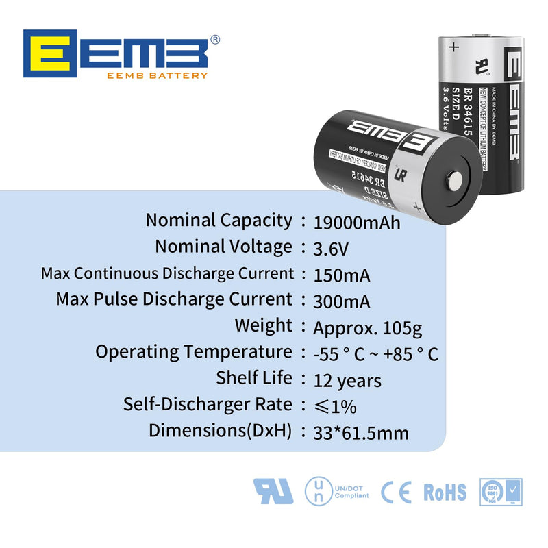 [Australia] - 4Pack EEMB 3.6V D Cell Batteries ER34615 D Size Lithium Batteries 19000mAh Li-SOCL₂ Non-Rechargeable Battery LS-33600 XL-205F for CNC & Printing Machine Tool,Meter,Clock & 1 Year Manufacturer Warranty 