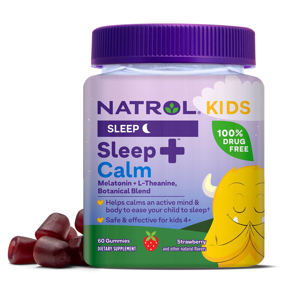 Natrol Kids Sleep+ Calm, Melatonin and L-Theanine, Supplement for Restful Sleep and Calming, Sleep Gummies for Kids, 60 Strawberry-Flavored Melatonin Gummies, 60 Day Supply 60 Count (Pack of 1)