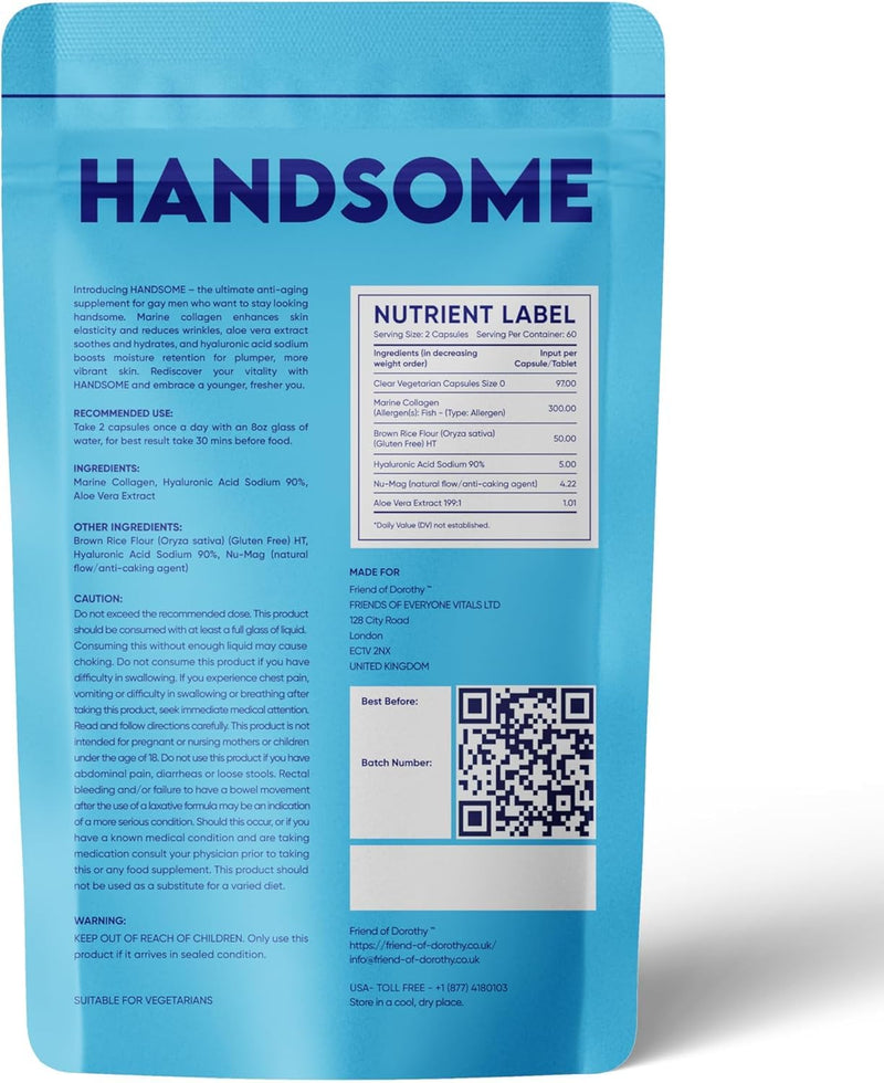 Handsome, Marine Collagen Tablets Enhanced with Aloe Vera, Hydrolyzed Collagen Supplements for Men, 60 Capsules per Pouch