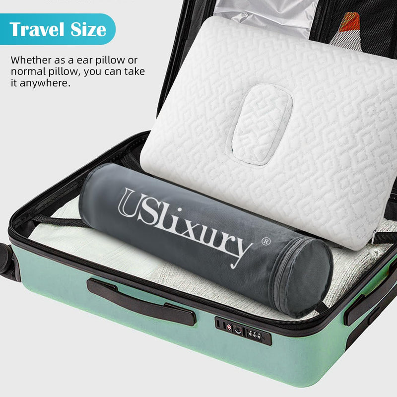 [Australia] - USlixury Ear Piercing Pillow with Foam Plug - Ear Pillow with Off Center and 4.7"X3.2" Hole, Soft CertiPUR-US Memory Foam, Cooling Piercing Pilow for Side Sleepers, Traveling, 16"X11"X4'' 16"*11"*4'' 
