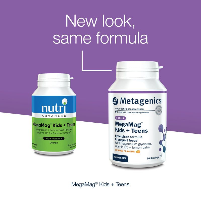 Metagenics MegaMag Kids + Teens - Magnesium & Lemon Balm Powder with B Vitamins for Focus at School - Orange, 30 Servings