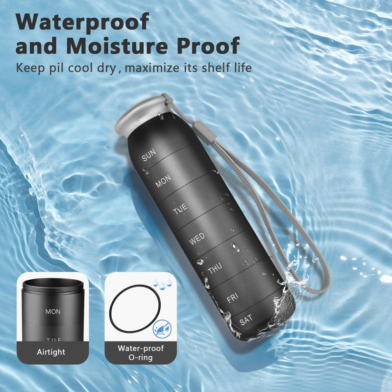 Metal Weekly Pill Organizer, Waterproof Container (Black) | Portable Travel 7 Day，Large Pill Case, Aluminum, Metal, Hold Vitamins, Cod Liver Oil, Supplements and Medications Black