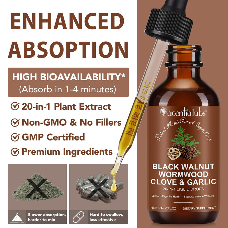 20 in 1 Black Walnut Wormwood Tincture,Black Walnut Hull Extract Promotes a Healthy Gut & Immune Wellness,with Clove,Pumpkin Seed,Garlic,Oregano,Berberine,Gut-Friendly,Alcohol-Free - 2FL