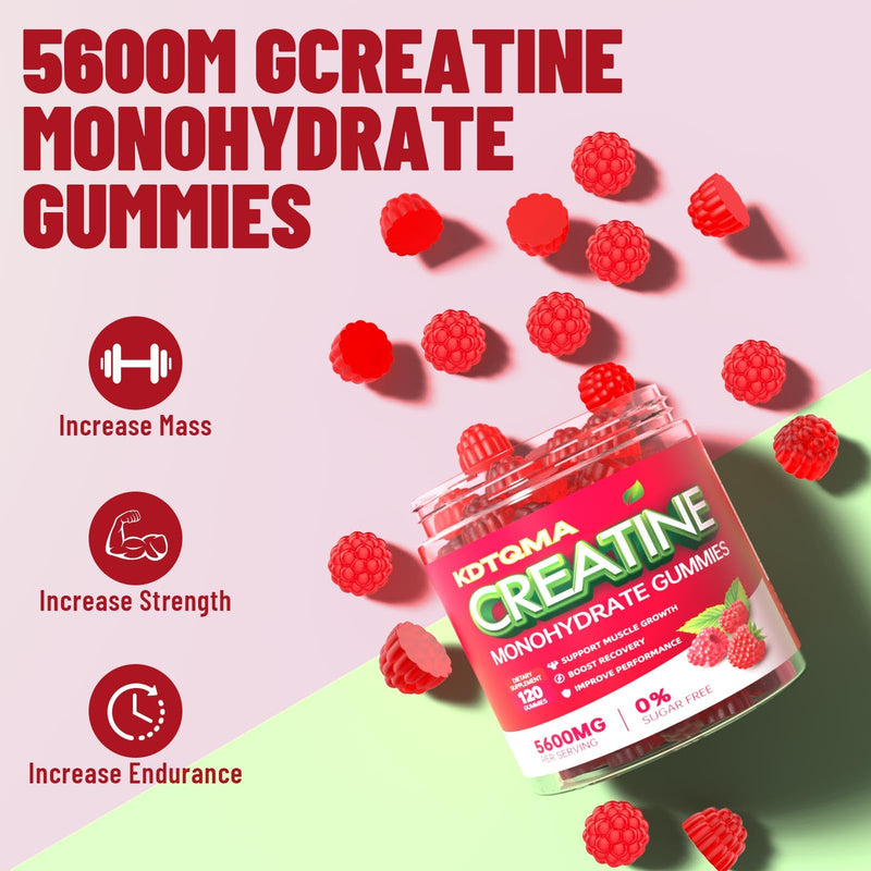 [Australia] - Creatine Monohydrate Gummies for Men & Women 120 CT - 5600mg of Creatine Monohydrate per Serving, Chewable Creatine Monohydrate for Muscle Support & Energy Boost, Sugar Free, Vegan (Raspberry Flavor) Raspberry 120 Count (Pack of 1) 
