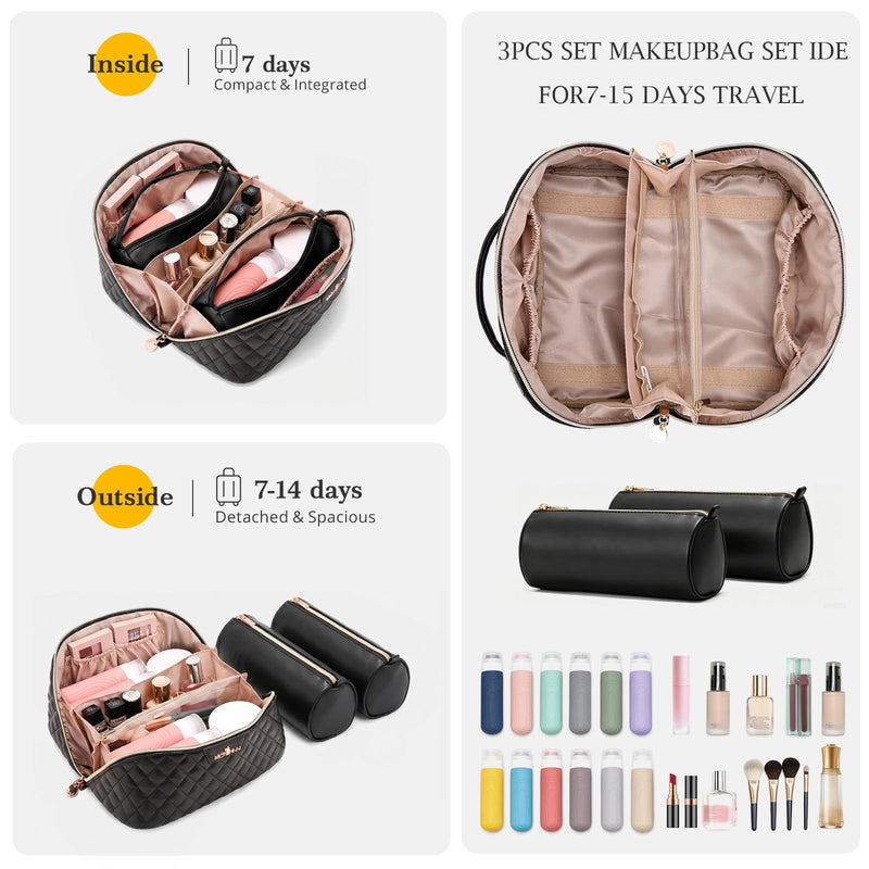 Travel Makeup Bags Cosmetic Organizer: 3Pcs Set Puffy Make up Bag for Women | Black Premium Quilted ELEGANCE Design | Large Capacity Leather Toiletry Bags | Wide Open Compact Case for Travel Essentials 01 Black