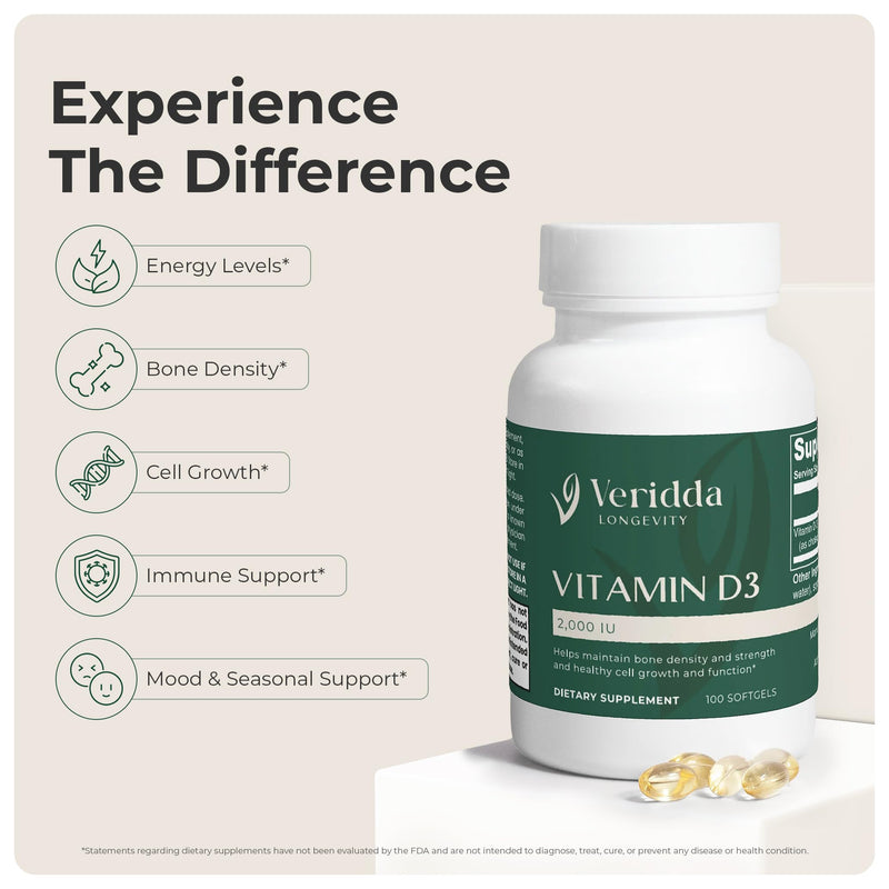 Vitamin D3 2000 IU Softgels – High Absorption Supplement for Immune Support, Bone Density & Teeth Health – Tiny, Easy to Swallow Daily Softgels – 100 Count