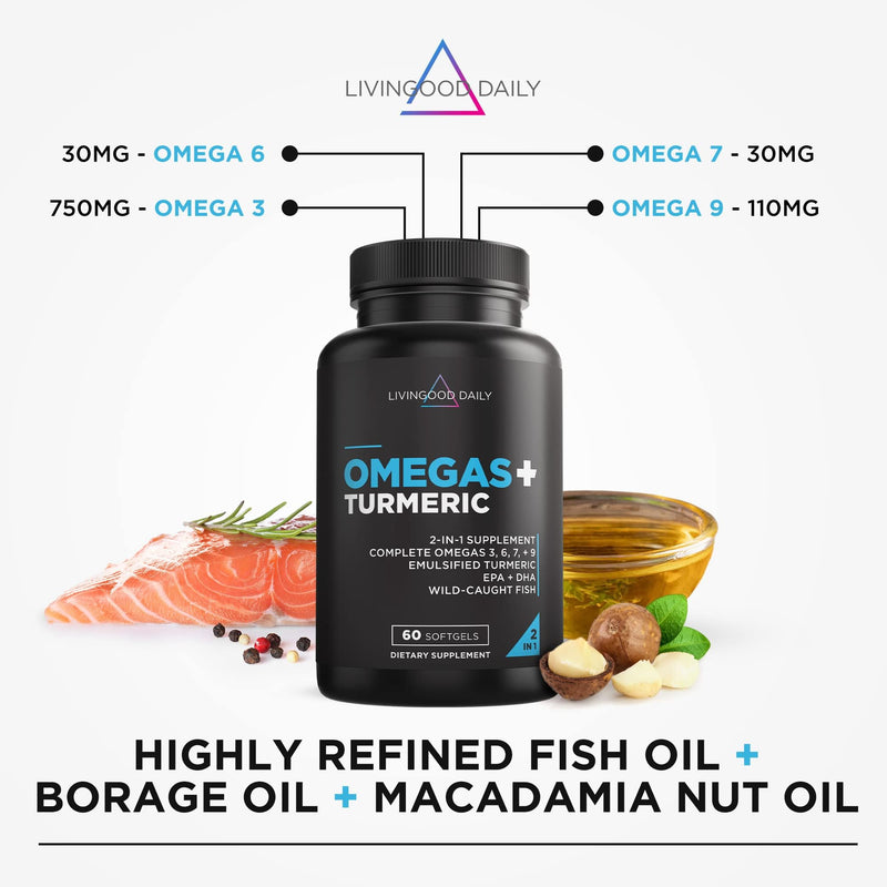 [Australia] - Livingood Daily Omega 3 6 9 Plus Turmeric Curcumin - Omega 3 Supplement (EPA & DHA) - Supports Heart Health - Joint Supplements - 60 Softgels 