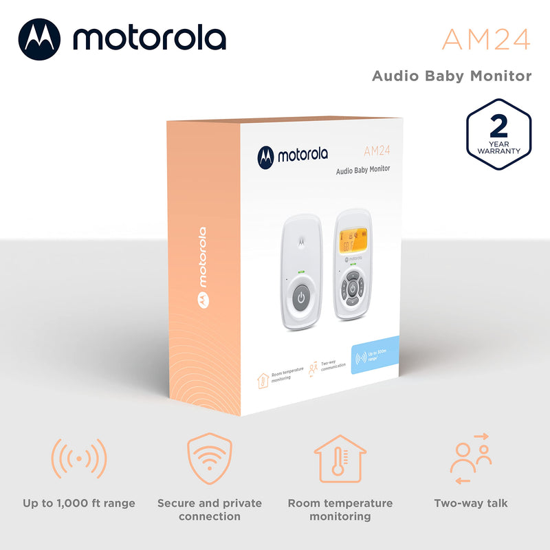[Australia] - Motorola AM24 Audio Baby Monitor with LCD Screen - 1000ft Range, Secure & Private Connection, Two-Way Talk, Room Temperature Sensor, Portable Parent Unit (Built-in Rechargeable Battery) 2021 Model 