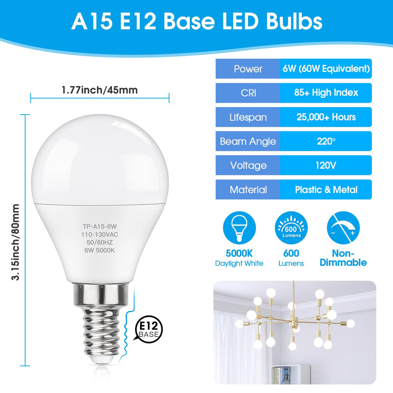 [Australia] - MAXvolador E12 LED 60W Equivalent Daylight White 5000K Ceiling Fan Bulbs, 600LM CRI 85+ Small Base Candelabra Bulbs, 6W Non-Dimmable, Pack of 6 