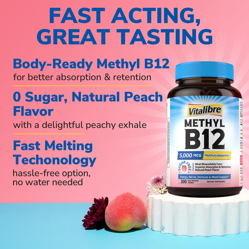 Vitalibre Vitamin B12 5000 mcg, Sublingual Methylcobalamin | Natural Peach Flavor, Nervous System Health, Energy Support, No Sugar, 300 Fast Dissolve Tablets 300 Count (Pack of 1)