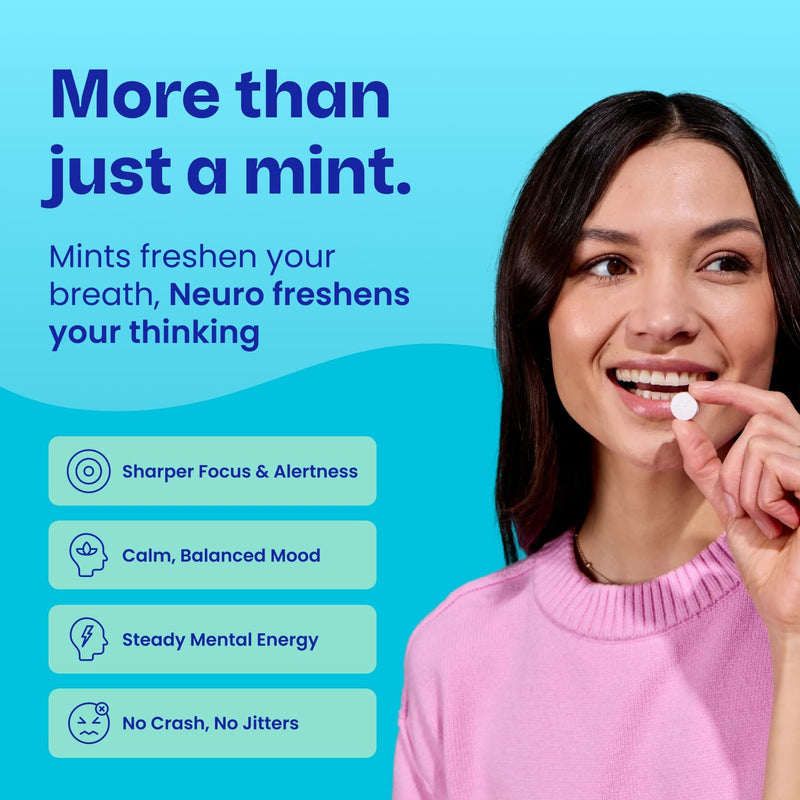 Neuro Energy & Focus Mints, Wintergreen, 90 Count | 40mg Natural Caffeine Mints, 60mg L-Theanine, Vitamin B6 + B12, Sugar Free, Vegan, Clean Nootropic Energy & Focus Supplement 90 Count (Pack of 1)