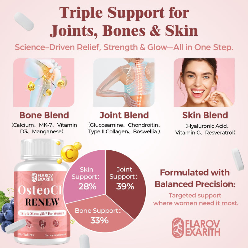 [Australia] - Joint Supplements for Women OsteoCII Renew Triple Strength – Advanced Joint, Bone & Skin Formula – Collagen, Glucosamine, Chondroitin, Calcium, MK-7, Vitamin D3, Hyaluronic Acid, 180 Tablets 180 Count (Pack of 1) 