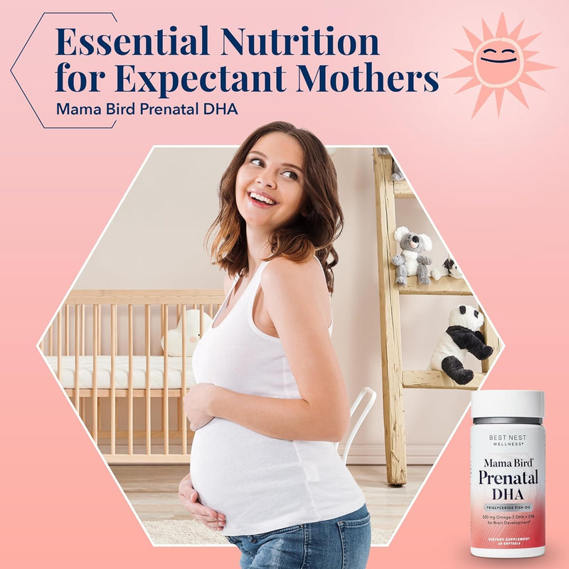 [Australia] - Best Nest Wellness Mama Bird Prenatal DHA Vitamin, Prenatal Omega 3 DHA Supplements, Supports Baby's Brain & Eye Development, 500 mg Triglyceride Fish Oil, Easy to Swallow Lemon Flavor Softgels, 60 Ct Fish Oil DHA 