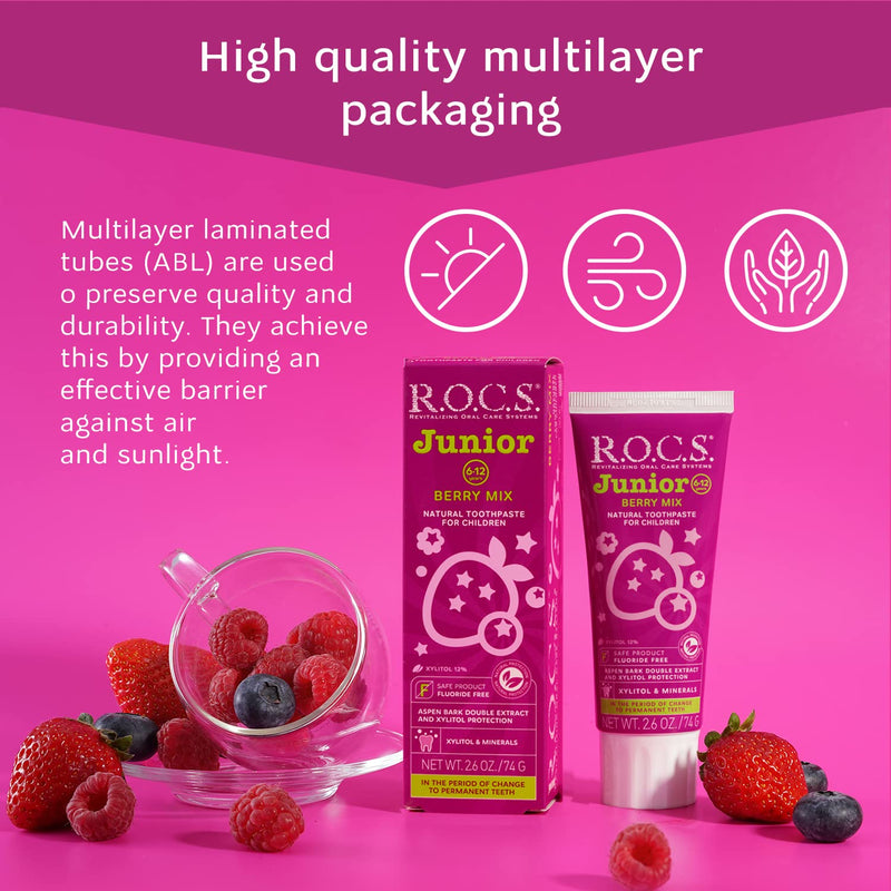 R.O.C.S. Junior Toothpaste - Enamel Whitening Teeth Gum Protection - for Children 6-12 Years Old - Safe to Swallow - Natural, No Fluoride or Sulfate (Berry Mix, Pack of 1) Berry Mix 2.6 Ounce (Pack of 1)