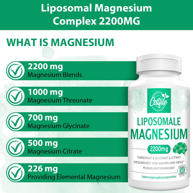 Liposomal Magnesium Complex 2200 mg, Gluten-Free, 60 Soft Capsules, High Dose, Natural, Suitable for Women, Men (Pack of 60)