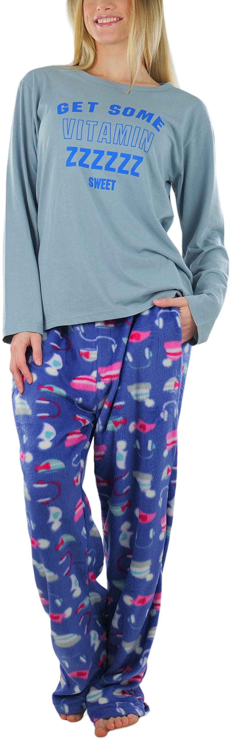 ToBeInStyle Women's Top and Drawstring Bottom Pajama Set X-Large Long Sleeve W/ Text - Get Some Vitamin Zzzzz