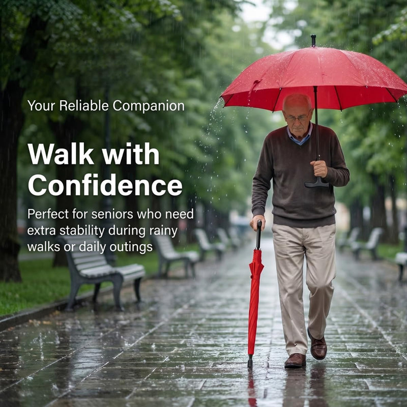 2-in-1 Walking Sticks Umbrella - Windbreak Ribs Walking Cane Umbrella Lightweight, Windproof, Heavy-Duty Frame- Ideal Father's Gift for Climbing, Hiking, Hanging Out on Raining Red