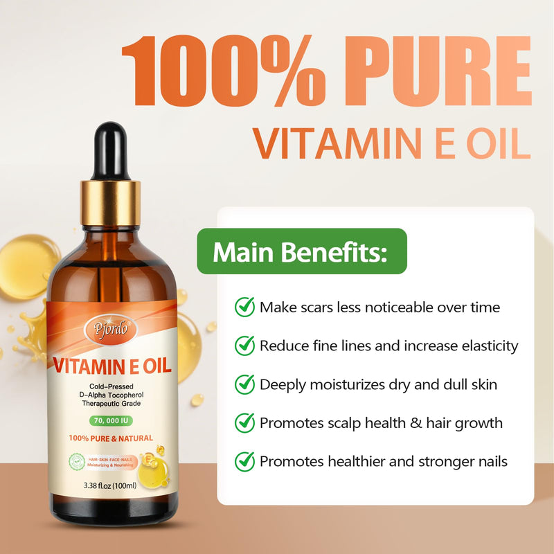 Pjordo Vitamin E Oil - 100% Pure & Natural, 70,000 IU Cold-Pressed Organic Vitamin E Oil for Skin, Face, Hair, Nails & Scars, D-Alpha Tocopherol Rich, Deep Moisturizing and Firming Skin