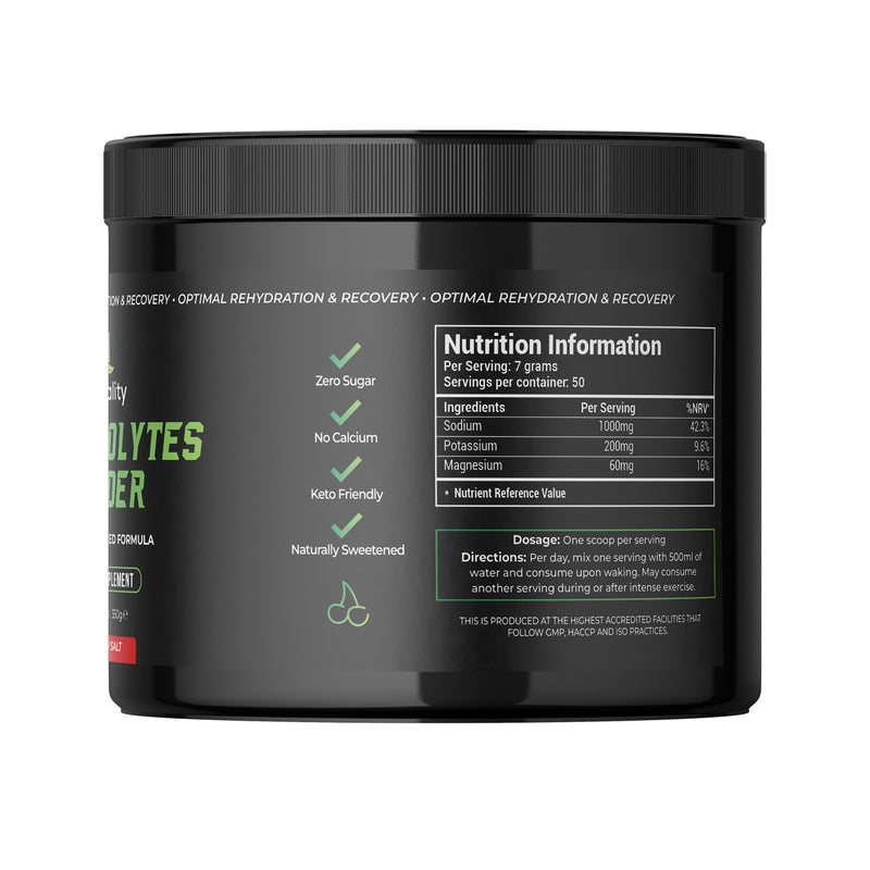 Electrolytes Powder 350g | Vegan | 50 Servings | Cherry | Sugar, Calcium & Artificial Flavour Free | Keto, Paleo Rehydration | 1000mg Sodium, 200mg Potassium & 60mg Magnesium