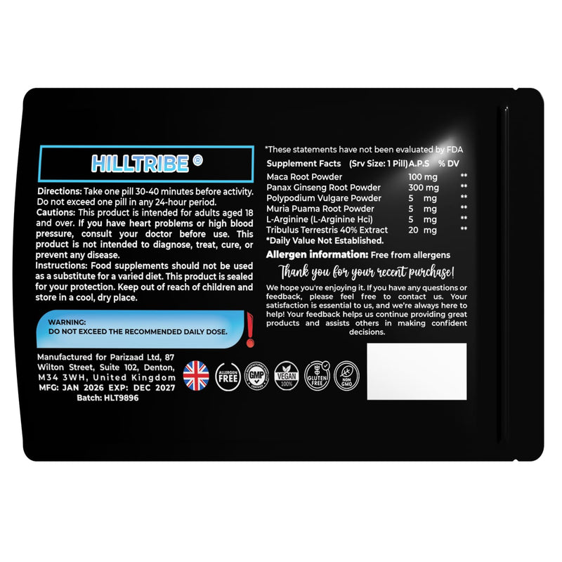Hill Tribe Herbal Tablets for Men Ginseng Energy Vitality Stamina Performance Support Natural Supplement Made in UK 10 Count