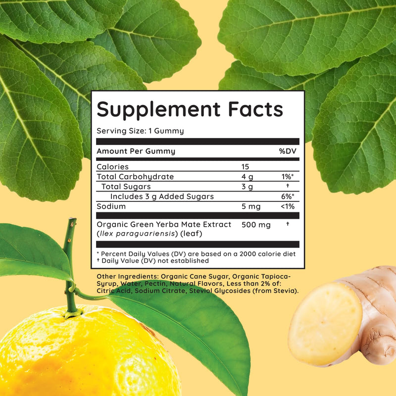 [Australia] - Yerba Mate Gummies, Yuzu & Ginger - Made with Organic, Unroasted Yerba Mate. Free from Added Caffeine. Vegan, Non-GMO, Gluten-Free, Kosher. 50 Delicious Supplement Gummies 