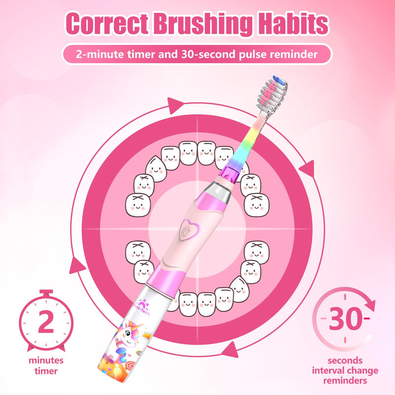 [Australia] - Kids Electric Toothbrush Toddler Toothbrush Age 2-4-8-12 Electric Toothbrush Kids with Timer Rainbow LED Light Up Vibrating Toothbrush Battery Operated Childrens Girls Sonic Tooth Brush (Pink Unicorn) Unicorn Pink 