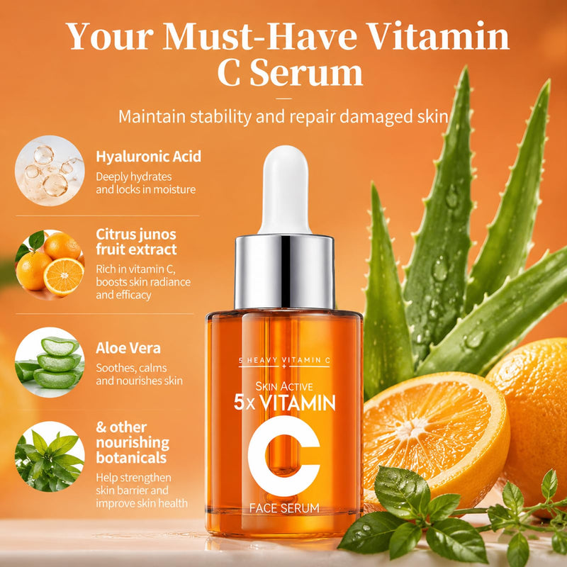 20% Vitamin C Face Serum with Hyaluronic Acid, 1.0 Fl Oz | for Mature Skin, Fine Lines & Dry Areas; With Vitamin E, Niacinamide & Aloe For Daily Am/Pm Skincare