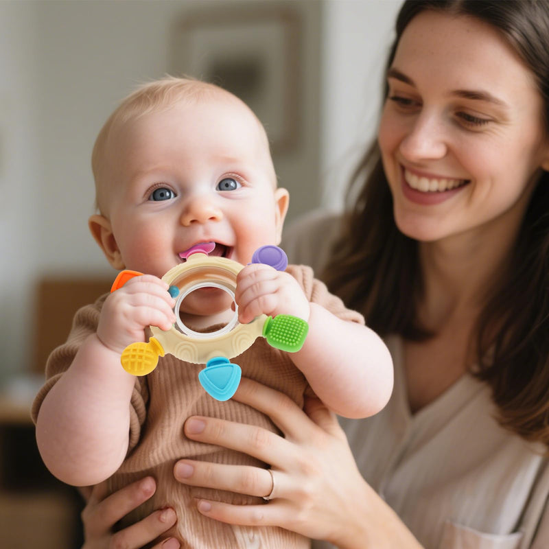 [Australia] - Baby Teething Rings Toys for 0-6 6-12 Months Baby Rattle Teether Sensory Toys for Babies 0-24Months Silicone Teether Relief Chew Soothing Sore Gums for Newborn Infant Essentials BPA Free 