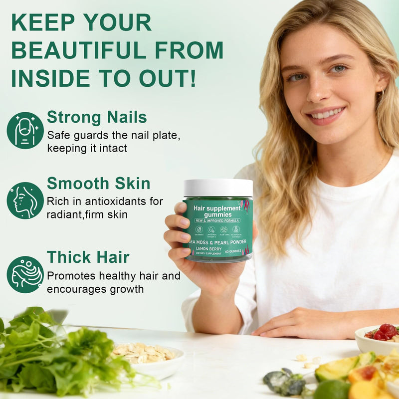 Hair Loss Gummies,Sea Moss Gummies with Vitamin C, Vitamin E, Aloe Vera, Pearl Powder Support Faster Hair Growth,Enhance Nail Elasticity,Promot Radiant Skin,Gluten-Free - 60 Count