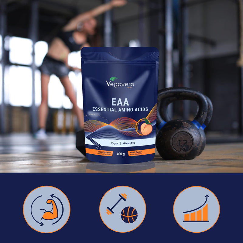 Vegavero EAA Amino Acids Powder | All 9 Essential Aminoacids: BCAAs + Leucine | Sugar Free Peach Flavour | 400g Workout Supplement | NO Additives | Vegan