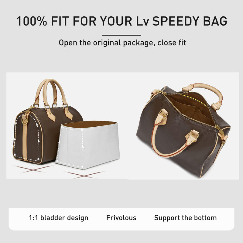 Tyvek Purse Organizer Insert for LV Speedy 30 Bag, White Brown | Speedy 30 Insert, Waterproof Lightweight Monogram Bag Insert, YKK Zipper, 11 Pockets Storage, Cup Holder, Handbag Protector White&Brown