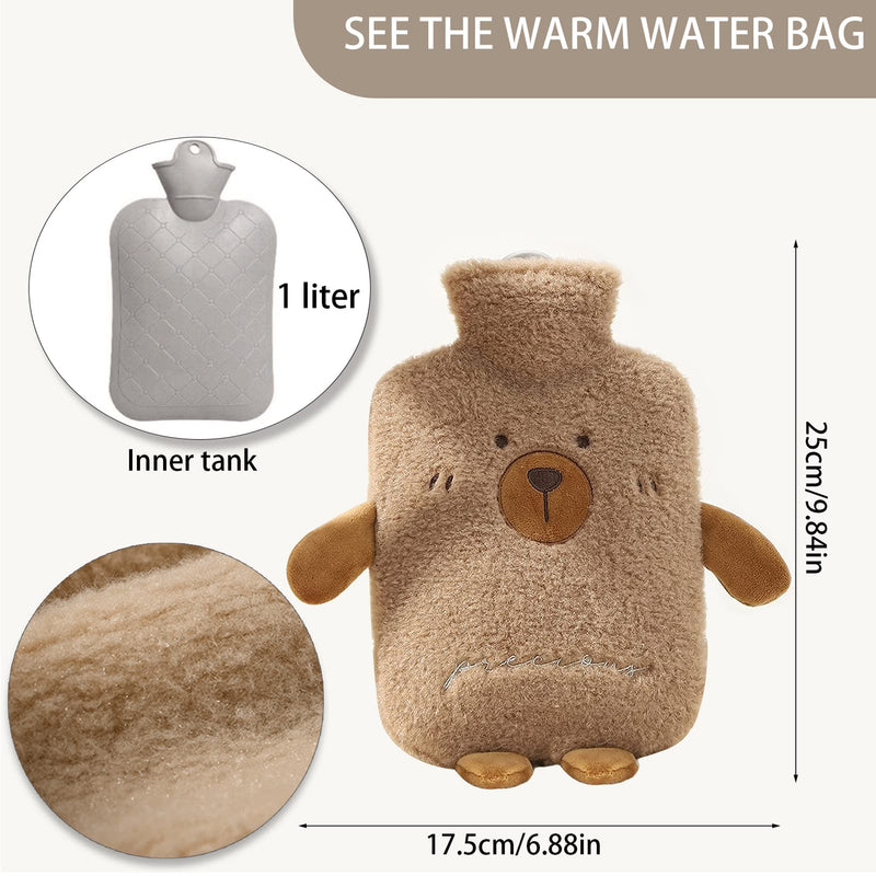 [Australia] - Hot Water Bottle with Cover, 1L Hot Water Bottle Brown Bear, with Fluffy Cashmere Soft Cover, Removable & Washable, Animal Hot Water Bottles for Children Adults, Hot Water Bottle Bear - Brown 