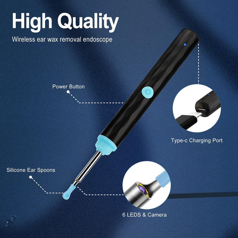 [Australia] - Ear Wax Removal, Ear wax removal tool camera built-in 1296P, Easy and Safe Ear Cleaning, Earwax Removal kit with 9 Ear Set and 8 Traditional Tools, Ear Cleaning Kit for iPhone, iPad, Android Black 